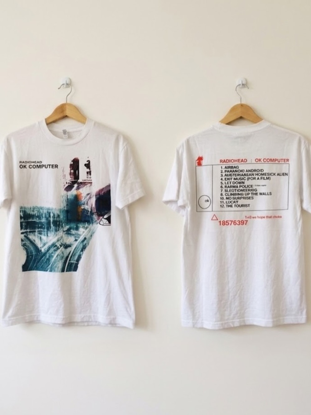Gildan Radiohead OK Computer Graphic Tee - White with Blue & Red Print